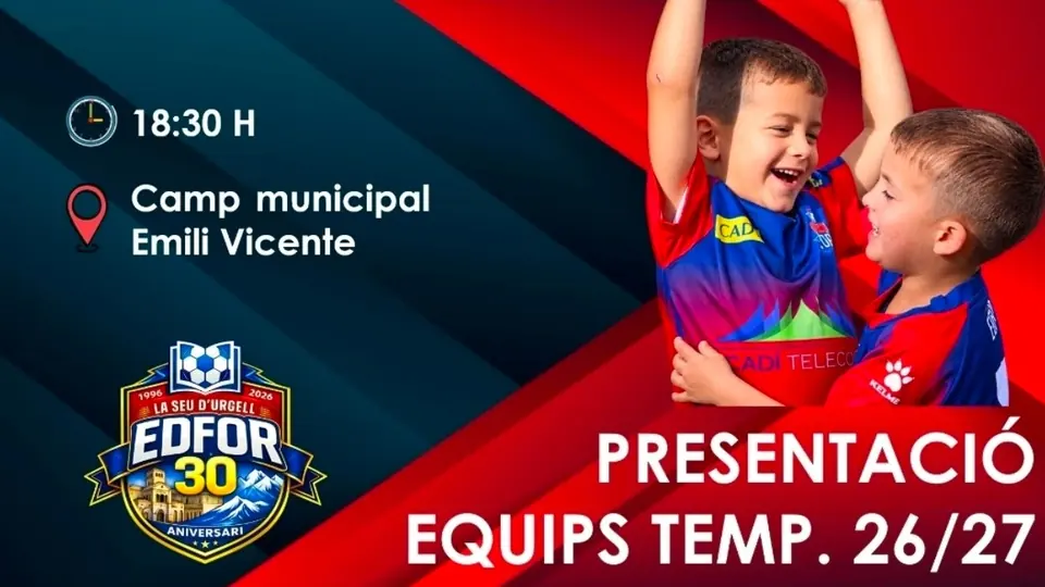Cartell: presentació d’equips de la temporada 26/27, 18:30 h al Camp Municipal Emili Vicente